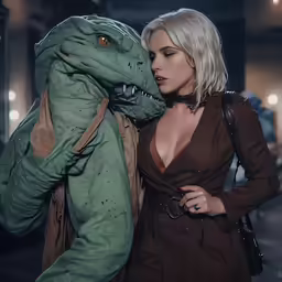 woman in costume next to a green dinosaur