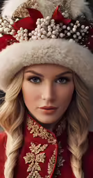 beautiful woman in a red hat and coat dressed as russian doll