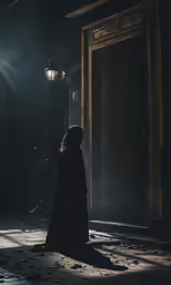 dark cloaked woman stands in the dark with light streaming through