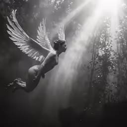 the naked angel floating in the air over some water