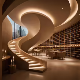 a long staircase that is in the middle of a library