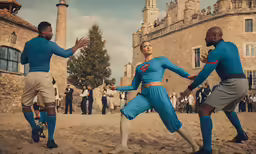 three men and women are performing in blue sports uniforms