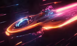 a futuristic, yellow spaceship is shown on a colorful background