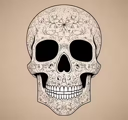 a skull with floral pattern on the side,a black and white skull drawing on a beige background