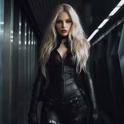 the beautiful woman is wearing black leather clothes,sexy girl in black leather suit and gloves