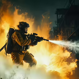 the soldier with the guns shoots out the bright yellow fire