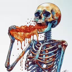 a painting of a skeleton eating food with one hand