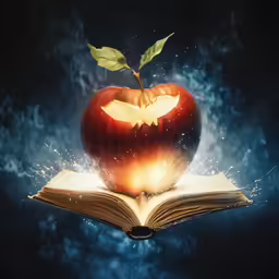 an apple on top of a book with fire pouring out of it