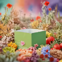 a photo with flowers and a green box