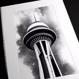 a black and white photo of the space needle tower