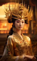 a woman wearing an oriental outfit and a crown,an oriental woman wearing a costume made of gold and other decorations