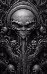 an elaborate pattern with skulls and aliens