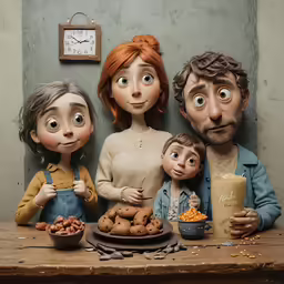 a photo with family figures holding doughnuts while a clock is on the wall