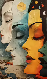 a painting of three women face - to - face with colorful background