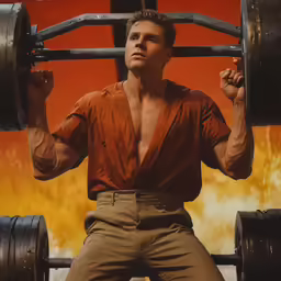 a man with no shirt sitting with heavy barbells