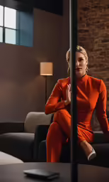 an image of a woman in an orange outfit
