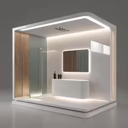 a white bathroom with wood on the back