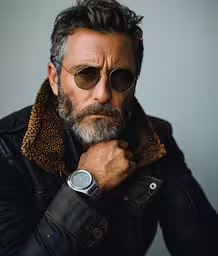 the man is wearing sunglasses and a jacket,a bearded man is wearing sunglasses and a black jacket