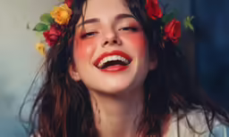 a young woman with a flower wreath around her head