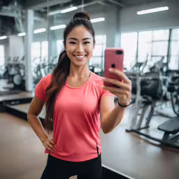an asian woman takes a selfie with her phone in the gym,woman in a pink shirt taking a selfie in a gym