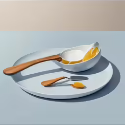 a white plate topped with two bowls next to a fork and spoon