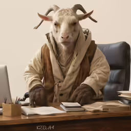 a goat wearing a robe at a desk and on his computer