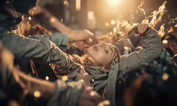 a young girl being mobsed by soldiers in the air