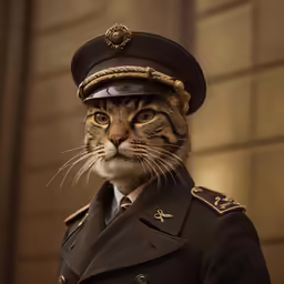 a cat dressed as a captain poses for the camera