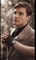 the young man is wearing a watch and is getting ready to go