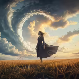 a beautiful woman walking in the field at dusk