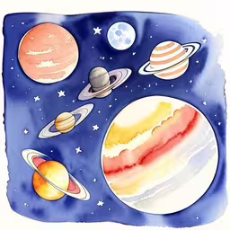 a picture of the solar system painted on paper,watercolor of various planets in outer space