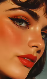 a model with bright orange eye makeup and a red lip