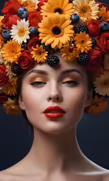 an woman with flowers on her head