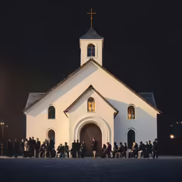 an image of people standing outside a church at night