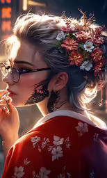 a woman with her hair braid up wearing glasses