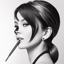 a woman with a fake moustache holding a pencil to her lips