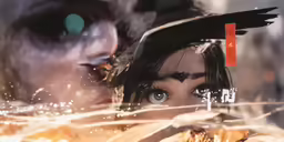 a girl with big eyes looking at a man
