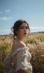 a woman standing in a field with flowers