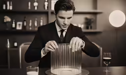 a man in a suit prepares to grab a large cake off a plate