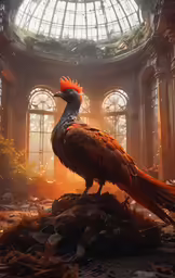 a bird standing on the ground with sun shining through the windows