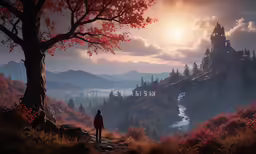 a man looks down on a landscape with hills and trees