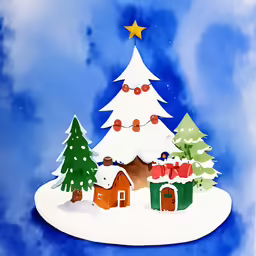 paper christmas tree with lights and buildings on snow