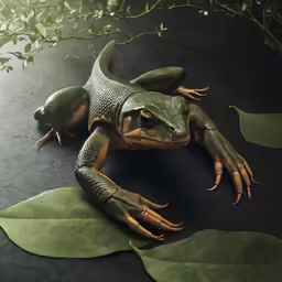 a large lizard on top of green leaves