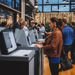 a woman looks at laptops in a crowded store