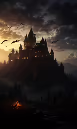 an image of the castle with bats flying over