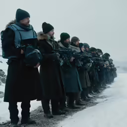 group of men in black coats and hats with guns standing in a line