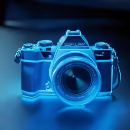 blue light up camera sitting on a table