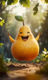 a large, smiling cartoon pear is standing on dirt