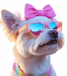 a little white dog with pink sunglasses and a bow tie