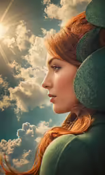red haired woman looking up under a bright sky